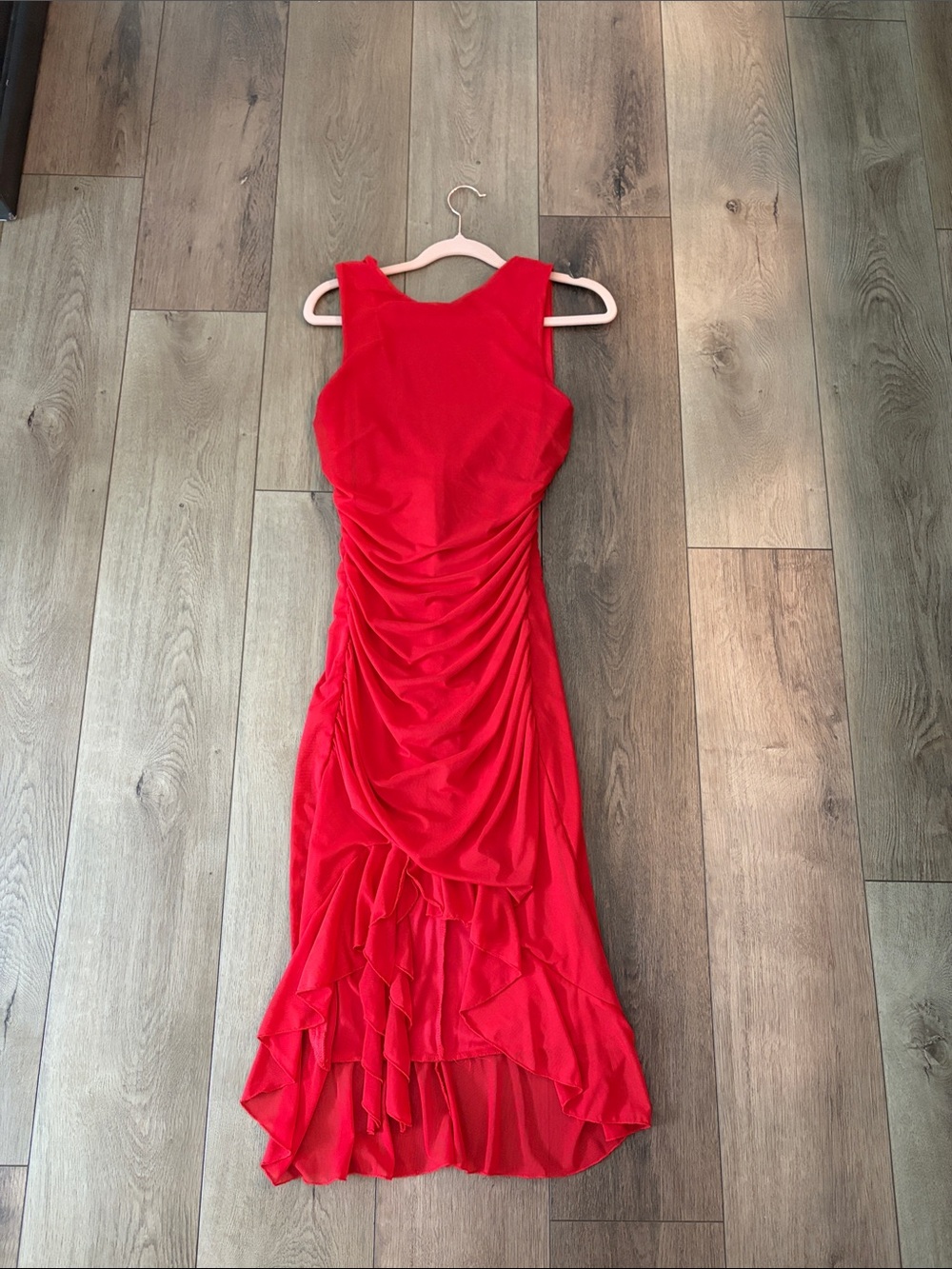 Red Ruched Ruffle Hem Dress - Women - Picture 1 of 2
